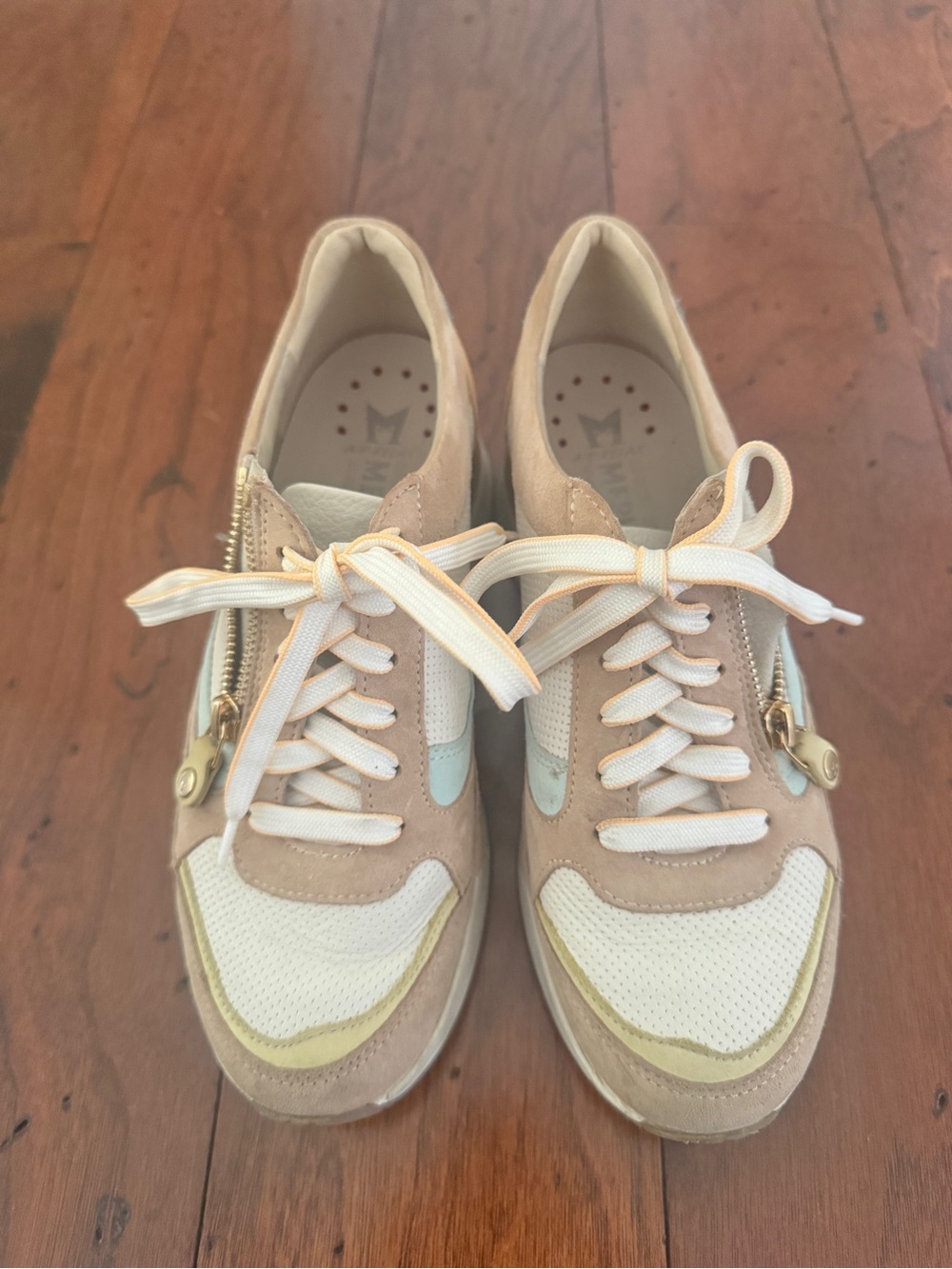 Mephisto Women’s Suede & Mesh Sneakers in Beige, Cream, Pale Blue and Gold